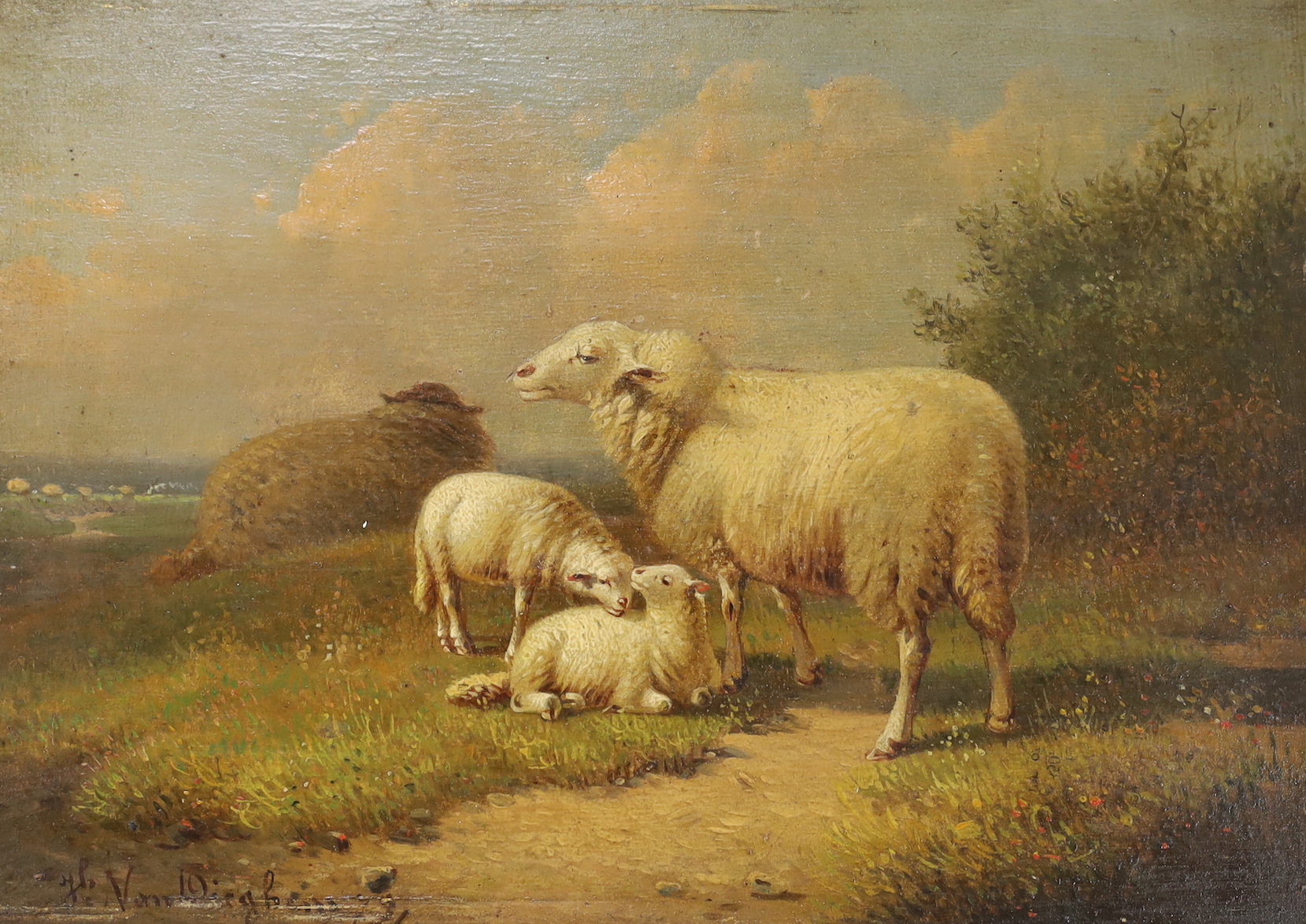 J.B. van Diegh (19th C. Dutch), oil on panel, Grazing sheep, signed, various inscriptions verso, unframed, 17 x 24cm